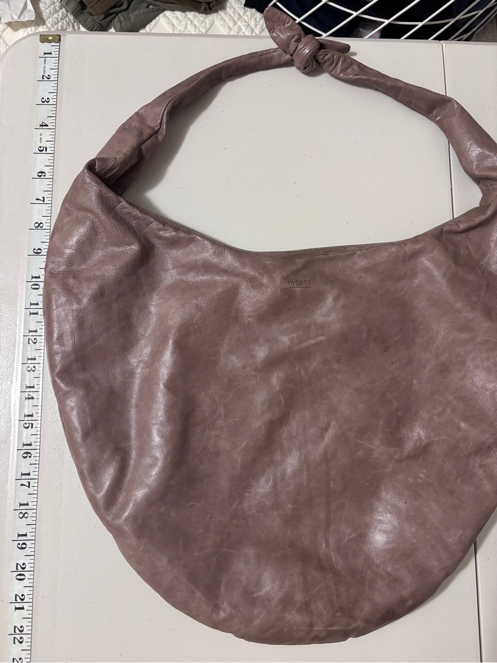 M0851 Crescent Shoulder Bag Knot Strap Tan Brown Soft Leather Hobo Minimalist